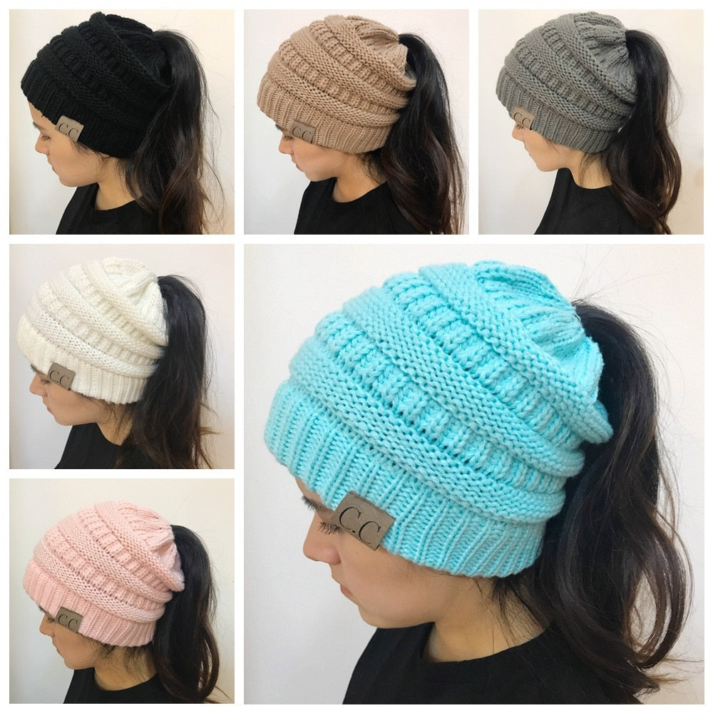 High Bun Ponytail Beanie Hat Chunky Soft Stretch Cable Knit Warm Fuzzy Lined Skull Beanie Acrylic Hats Men And Women - Modern Lifestyle Shopping